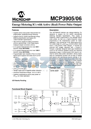 MCP3905T-I/SS datasheet - Energy-Metering ICs with Active (Real) Power Pulse Output