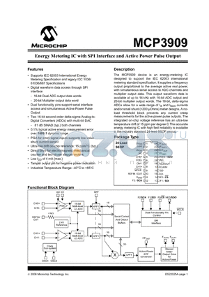 MCP3909 datasheet - Energy Metering IC with SPI Interface and Active Power Pulse Output