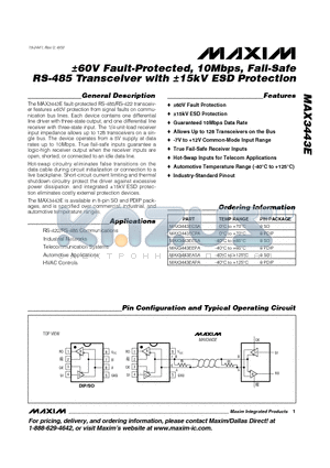 MAX3443E datasheet - a60V Fault-Protected, 10Mbps, Fail-Safe RS-485 Transceiver with a15kV ESD Protection