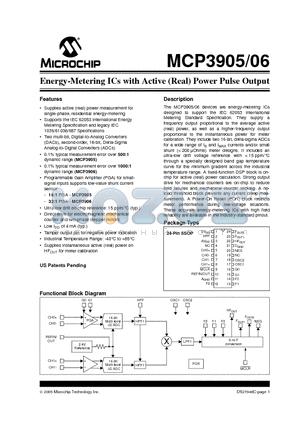 MCP3905 datasheet - Energy-Metering ICs with Active (Real) Power Pulse Output