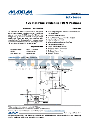 MAX34565 datasheet - 12V Hot-Plug Switch in TDFN Package