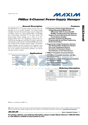 MAX34440ETL+ datasheet - PMBus 6-Channel Power-Supply Manager