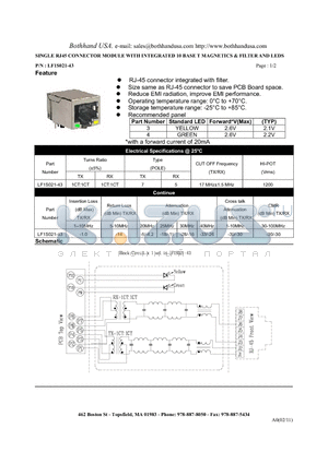LF1S021-43 datasheet - SINGLE RJ45 CONNECTOR MODULE WITH INTEGRATED 10 BASE T MAGNETICS & FILTER AND LEDS