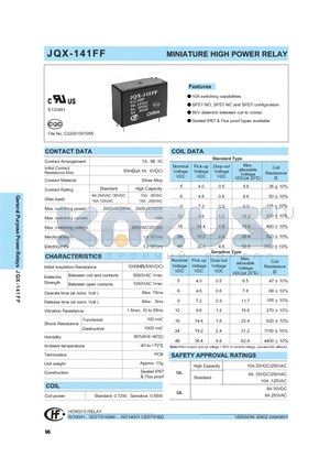 JQX-141FF/009HSPNIL datasheet - MINIATURE HIGH POWER RELAY