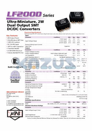 LF203D datasheet - Ultra-Miniature, 2W Dual Output SMT DC/DC Converters