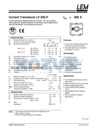 LF205-P datasheet - Current Transducer LF 205-P
