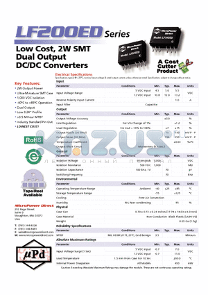 LF203ED datasheet - Low Cost, 2W SMT Dual Output DC/DC Converters