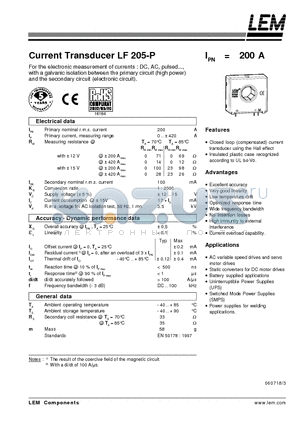 LF205-P datasheet - Current Transducer