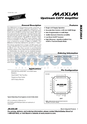 MAX3503 datasheet - Upstream CATV Amplifier