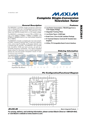 MAX3541 datasheet - Complete Single-Conversion Television Tuner