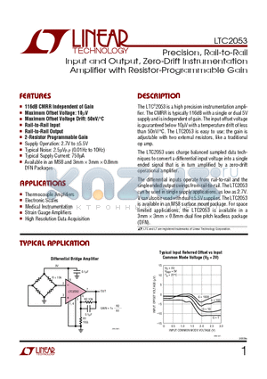 LTC2053IMS8 datasheet - Precision, Rail-to-Rail Input and Output, Zero-Drift Instrumentation Amplifier with Resistor-Programmable Gain