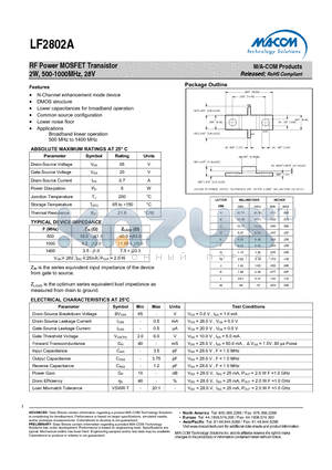 LF2802A datasheet - RF Power MOSFET Transistor 2W, 500-1000MHz, 28V