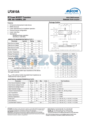 LF2810A datasheet - RF Power MOSFET Transistor 10W, 500-1000MHz, 28V