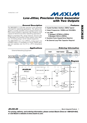 MAX3622CUE datasheet - Low-Jitter, Precision Clock Generator with Two Outputs