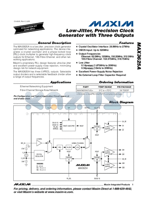 MAX3625A datasheet - Low-Jitter, Precision Clock Generator with Three Outputs