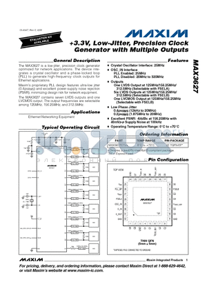 MAX3627 datasheet - 3.3V, Low-Jitter, Precision Clock Generator with Multiple Outputs