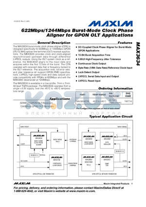 MAX3634 datasheet - 622Mbps/1244Mbps Burst-Mode Clock Phase Aligner for GPON OLT Applications