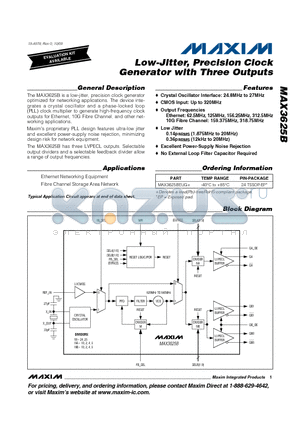 MAX3625BEUG+ datasheet - Low-Jitter, Precision Clock Generator with Three Outputs