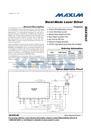 MAX3643ETG datasheet - Burst-Mode Laser Driver
