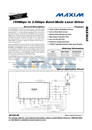 MAX3643ETG datasheet - 155Mbps to 2.5Gbps Burst-Mode Laser Driver