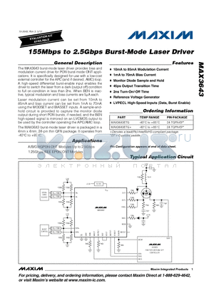 MAX3643ETG datasheet - 155Mbps to 2.5Gbps Burst-Mode Laser Driver