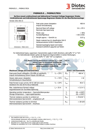 P4SMAJ10A datasheet - Surface mount unidirectional and bidirectional Transient Voltage Suppressor Diodes