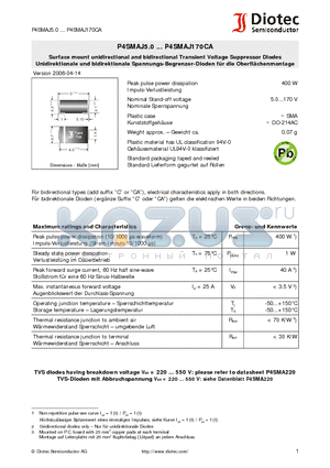 P4SMAJ10A datasheet - Surface mount unidirectional and bidirectional Transient Voltage Suppressor Diodes