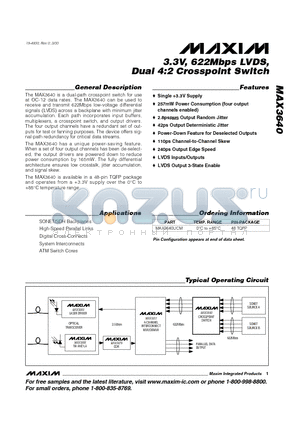 MAX3640 datasheet - 3.3V, 622Mbps LVDS, Dual 4:2 Crosspoint Switch