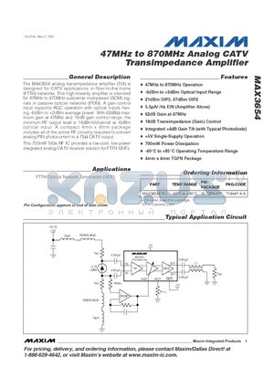 MAX3654ETE+ datasheet - 47MHz to 870MHz Analog CATV Transimpedance Amplifier