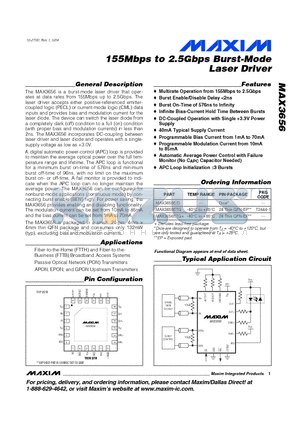 MAX3656 datasheet - 155Mbps to 2.5Gbps Burst-Mode Laser Driver