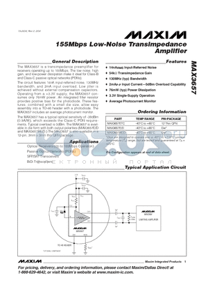 MAX3657 datasheet - 155Mbps Low-Noise Transimpedance Amplifier