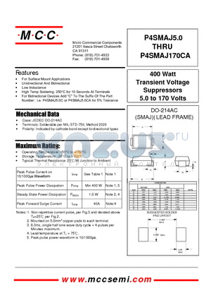 P4SMAJ110 datasheet - 400 Watt Transient Voltage Suppressors 5.0 to 170 Volts