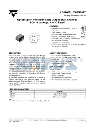 ILD1206T datasheet - Optocoupler, Phototransistor Output, Dual Channel, SOIC-8 package, 110 `C Rated