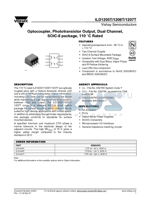 ILD1207T datasheet - Optocoupler, Phototransistor Output, Dual Channel, SOIC-8 package, 110 `C Rated