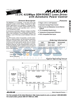 MAX3667 datasheet - 3.3V, 622Mbps SDH/SONET Laser Driver with Automatic Power Control