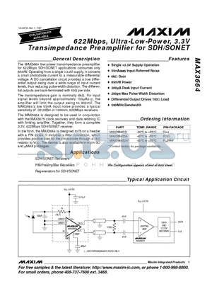 MAX3664ESA datasheet - 622Mbps, Ultra-Low-Power, 3.3V Transimpedance Preamplifier for SDH/SONET