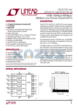 LTC2170IUKG-14PBF datasheet - 14-Bit, 65Msps/40Msps/25Msps Low Power Quad ADCs