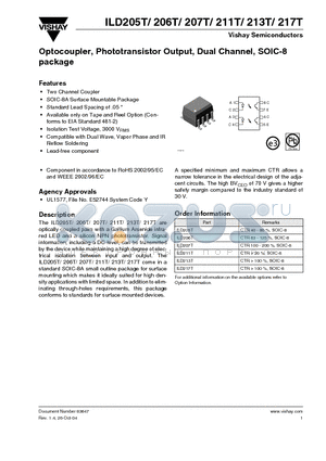 ILD205T datasheet - Optocoupler, Phototransistor Output, Dual Channel, SOIC-8 package