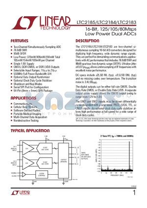 LTC2183CUPPBF datasheet - 16-Bit, 125/105/80Msps Low Power Dual ADCs