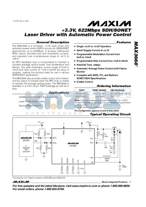 MAX3668 datasheet - 3.3V, 622Mbps SDH/SONET Laser Driver with Automatic Power Control