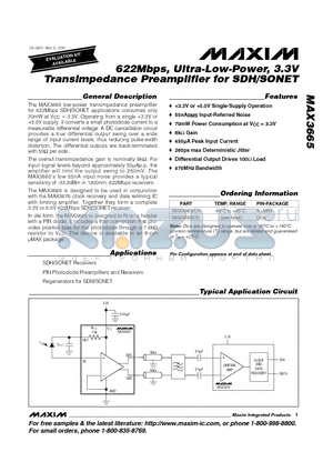 MAX3665 datasheet - 622Mbps, Ultra-Low-Power, 3.3V Transimpedance Preamplifier for SDH/SONET