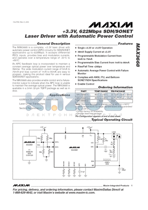 MAX3668_05 datasheet - 3.3V, 622Mbps SDH/SONET Laser Driver with Automatic Power Control