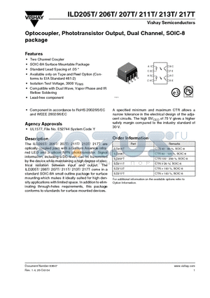 ILD206T datasheet - Optocoupler, Phototransistor Output, Dual Channel, SOIC-8 package