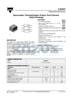 ILD223T_07 datasheet - Optocoupler, Photodarlington Output, Dual Channel, SOIC-8 Package