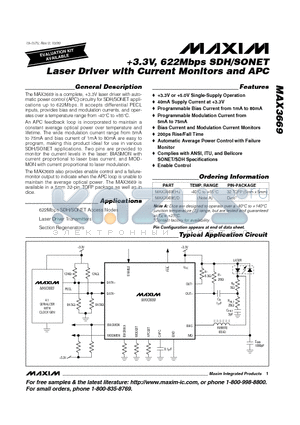 MAX3669 datasheet - 3.3V, 622Mbps SDH/SONET Laser Driver with Current Monitors and APC