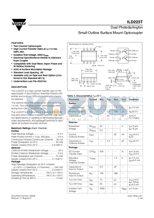 ILD223T datasheet - Dual Photodarlington Small Outline Surface Mount Optocoupler