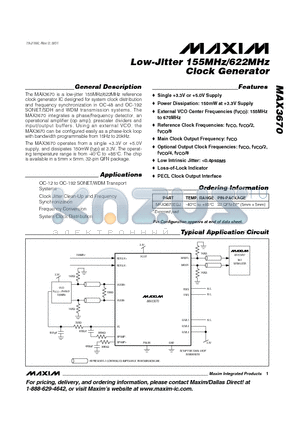 MAX3670EGJ datasheet - Low-Jitter 155MHz/622MHz Clock Generator