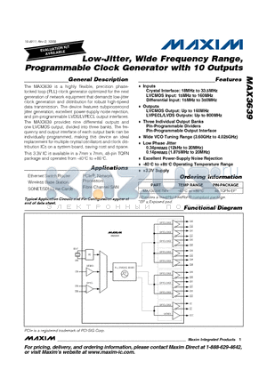 MAX3639 datasheet - Low-Jitter, Wide Frequency Range, Programmable Clock Generator with 10 Outputs