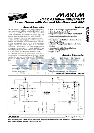 MAX3669EHJ datasheet - 3.3V, 622Mbps SDH/SONET Laser Driver with Current Monitors and APC