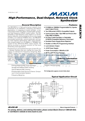 MAX3674ECM datasheet - High-Performance, Dual-Output, Network Clock Synthesizer